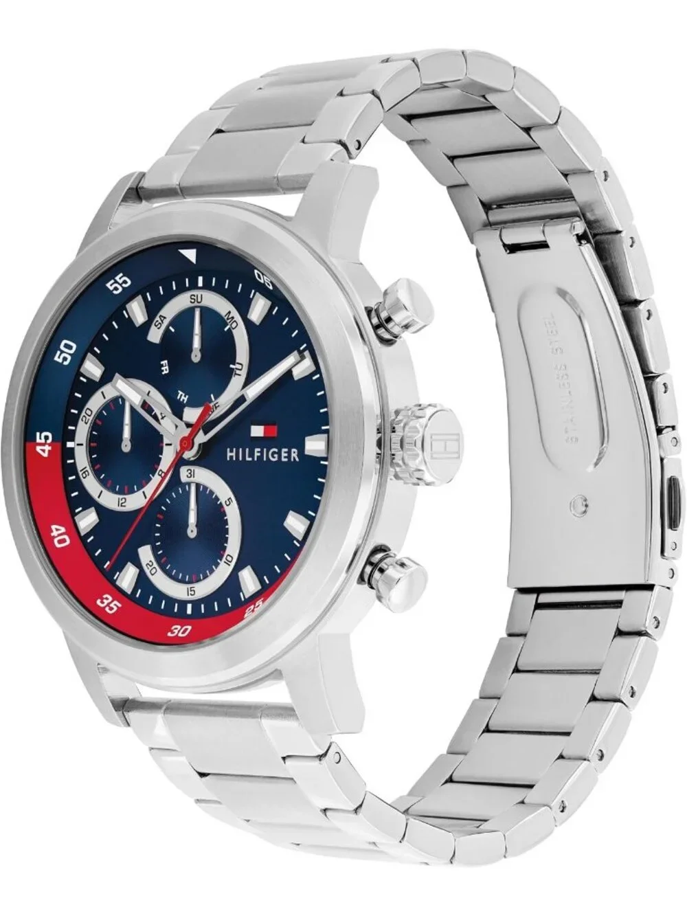 Men's Silver Quartz Multifunction Stainless Steel Case Oversized Crown Watch